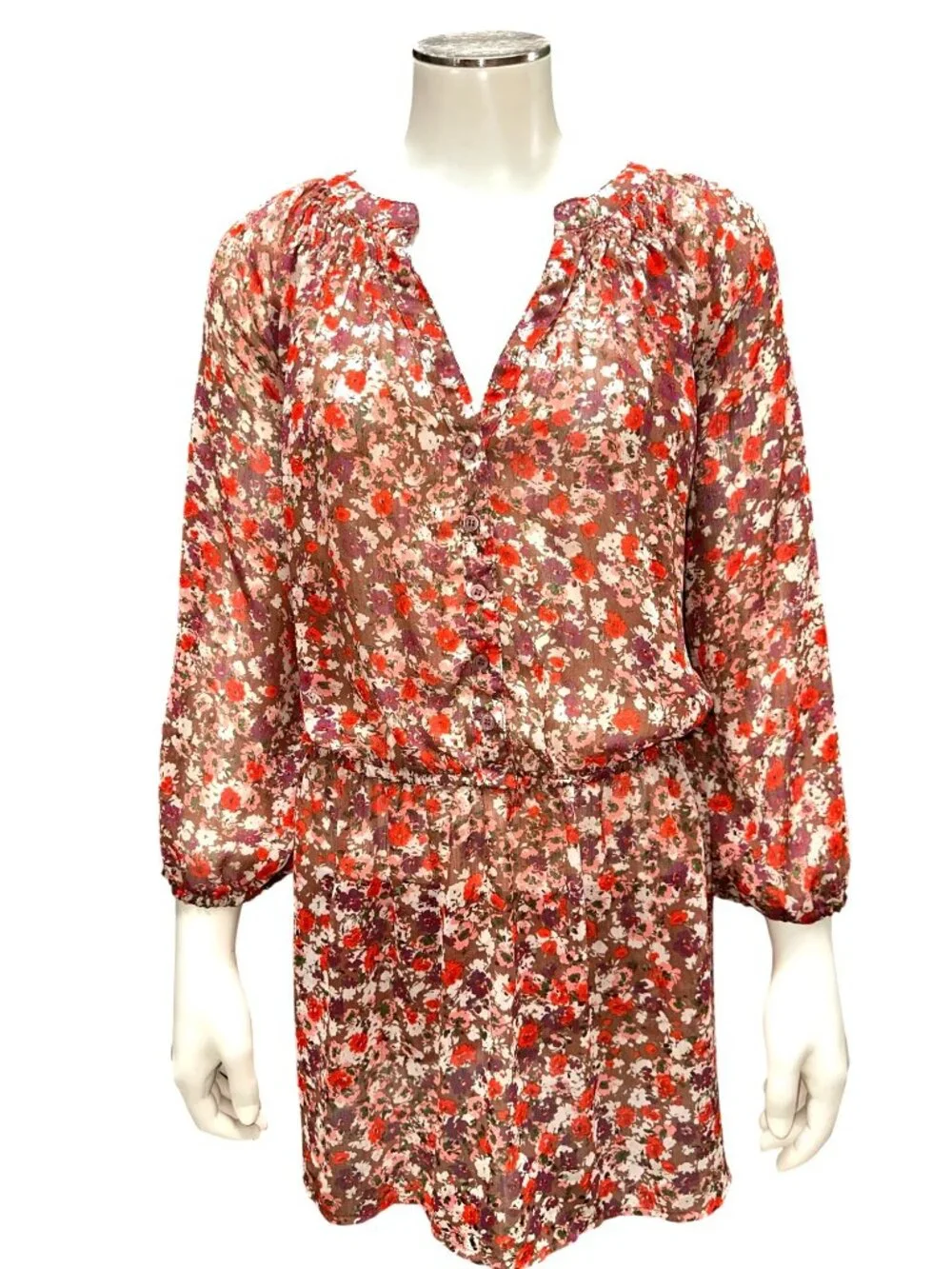 Mossimo Supply Co XXL Brown Red Floral Dress Elastic Waist Long Sleeve Casual Fi - Picture 2 of 9